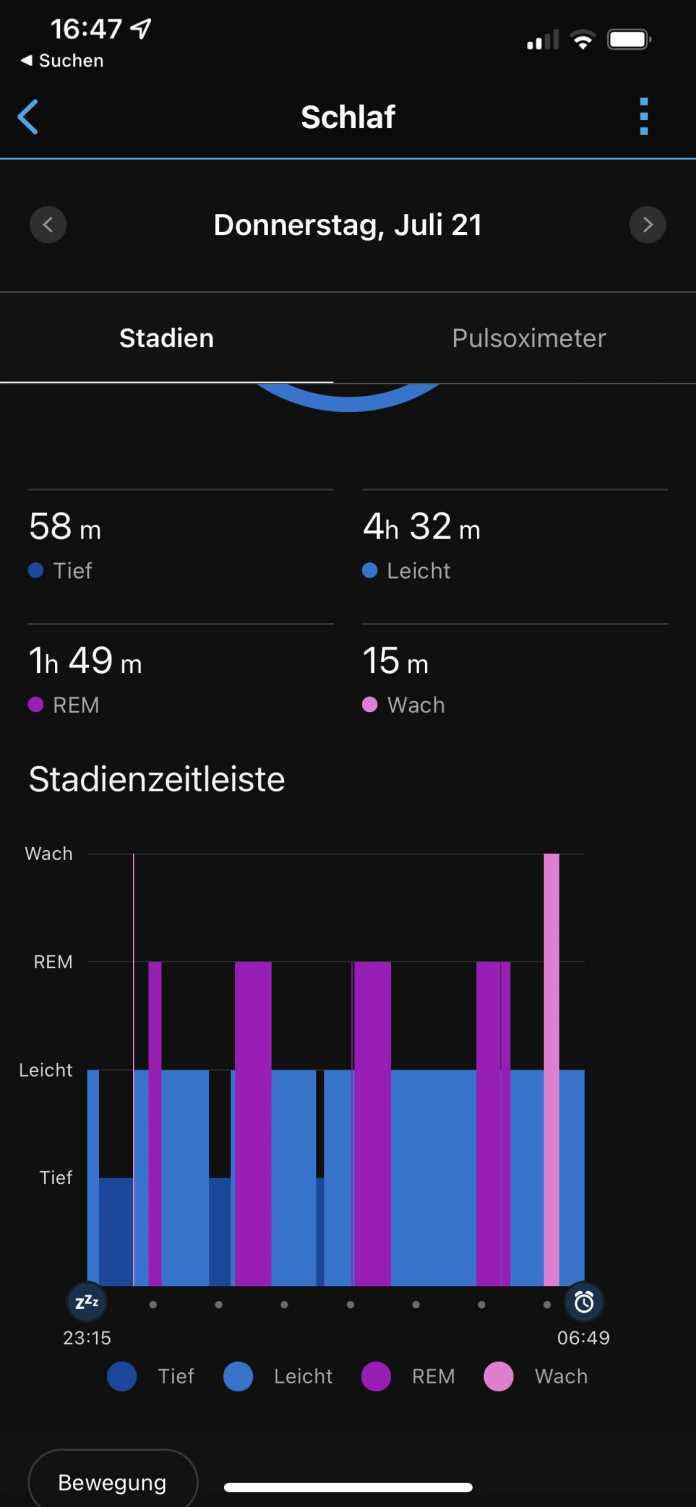Die &quot;Garmin Connect&quot;-App zeigt wie viele andere Fitnesstracker eine Schlafauswertung, die außer den Schlafenszeiten einzelne Schlafphasen angibt., 
