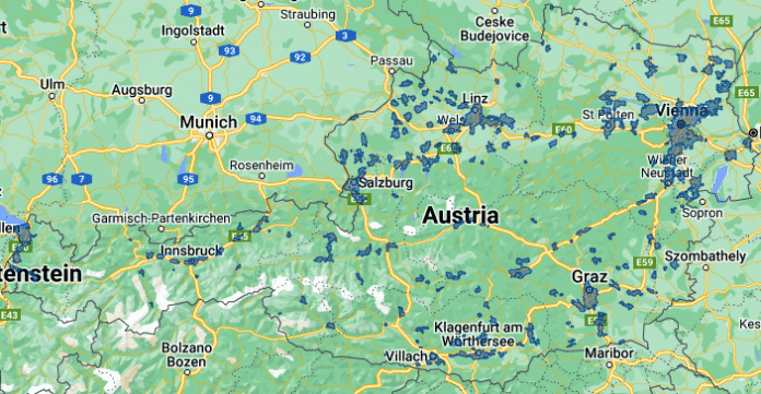 Österreichkarte mit eingezeichneten Flecken, die 5G-Netzabdeckung bedeuten