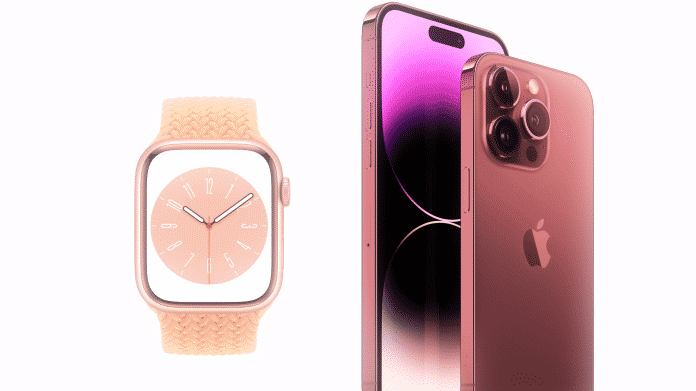 Apple-Armbanduhr neben zwei Apple-Mobiltelefonen