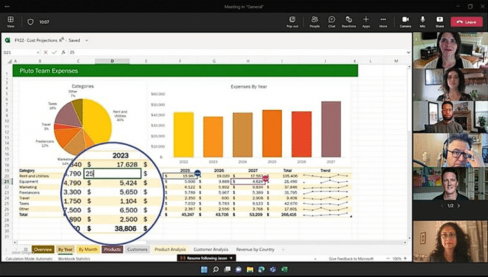 Excel Live soll es künftig ermöglichen, in Teams-Meetings gemeinsam an einer freigegebenen Excel-Tabelle zu arbeiten, ohne dass alle Teilnehmer sie öffnen müssen., 