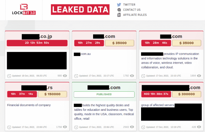 Lockbit ist einer der großen Anbieter von &quot;Ransomware as a Service&quot; und arbeitet mit Doppel-Erpressung. Wer nicht rechtzeitig zahlt (grün), dessen Daten werden auf einer eigenen Leak-Site veröffentlicht., 