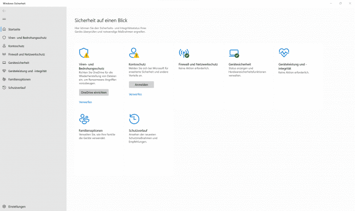 Auch der Windows-Virenscanner möchte gern, dass Nutzer sich ein Microsoft-Konto anlegen und OneDrive nutzen., 