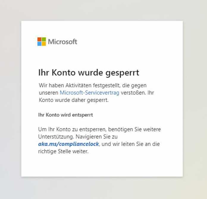 Die Fehlermeldung bei einem gesperrten Konto verweist auf eine Support-Seite von Microsoft., 
