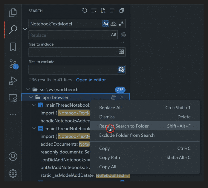 Suchergebnisse lassen sich in Visual Studio Code 1.73 per Rechtsklick nach Ordnern eingrenzen.