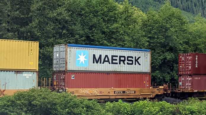 Mehrere Container auf Waggons, dahinter ein bewaldeter Berg