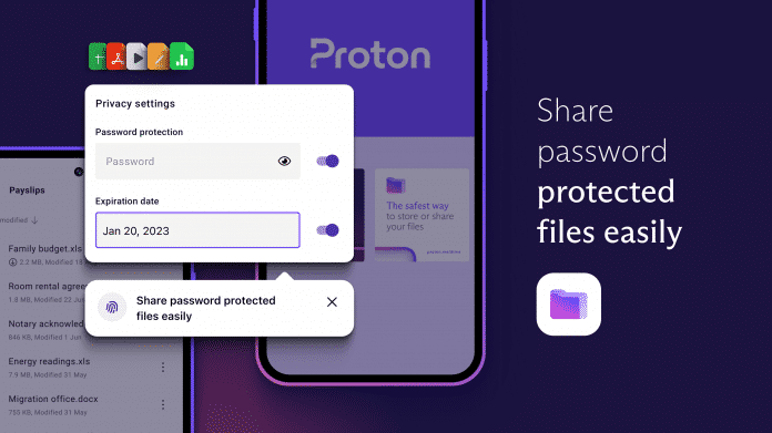Screenshots der App Proton Drive, genauer von der Funktion, Dateien passwortgeschützt zu teilen