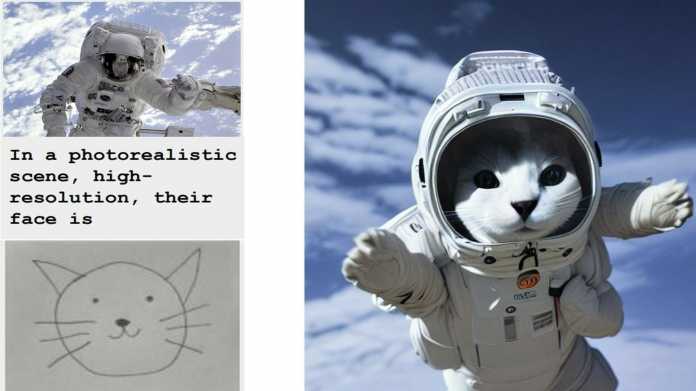 M-VADER by Aleph Alpha, AI image synthesis: Foto of an Astronaut, text prompt 'In a photorealistic scene, high-resolution, their face is + drawing of the head of a cat. Result on the right sight: a catronaut, photorealistic and high-resolution'