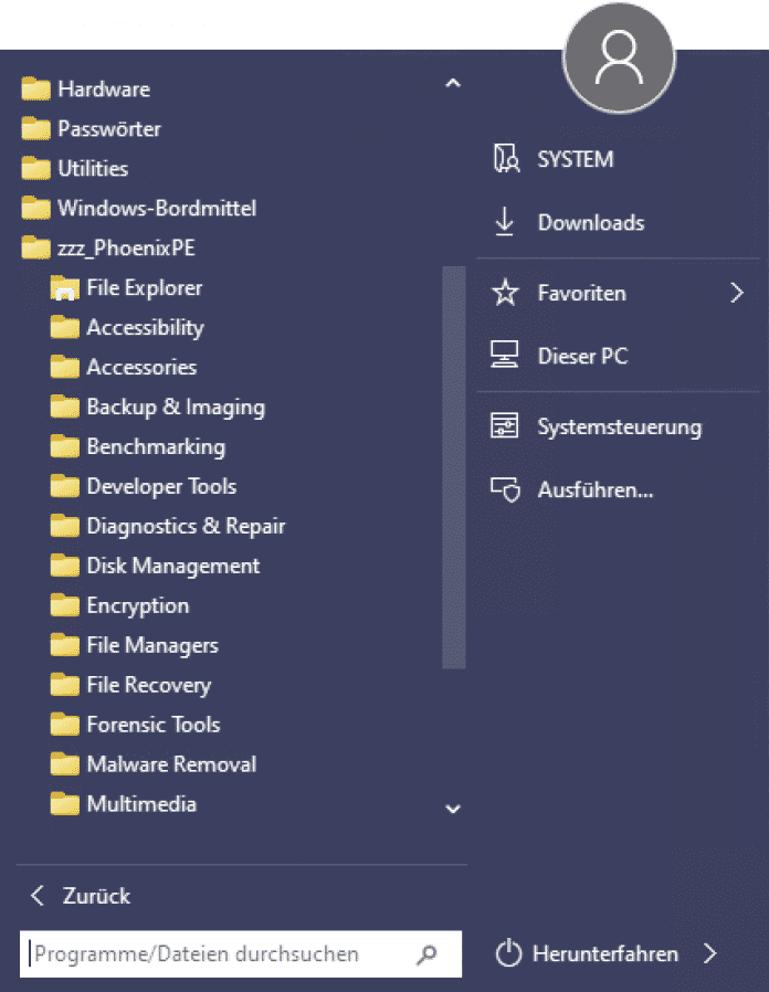 Mit gesetzter Option tauchen die Programme im Startmenü zusätzlich in der von PhoenixPE vorgegebenen Struktur auf – für alle, die gern weitere Programme ausprobieren und nicht im Dateisystem suchen wollen. Aber: Benutzung auf eigene Verantwortung., 