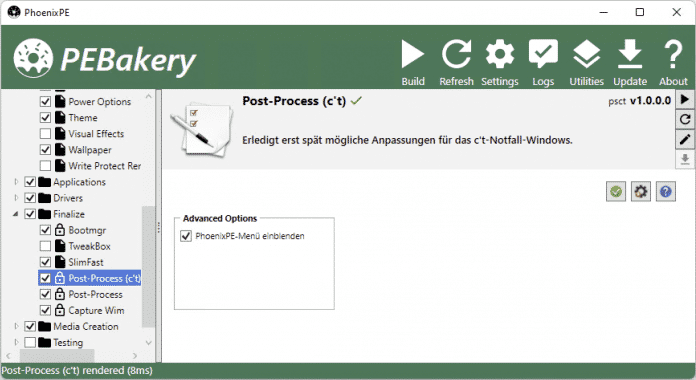 Eine spezielle Option integriert die automatisch generierten Einträge aus dem PhoenixPE-Startmenü in das des c’t-Notfall-Windows., 