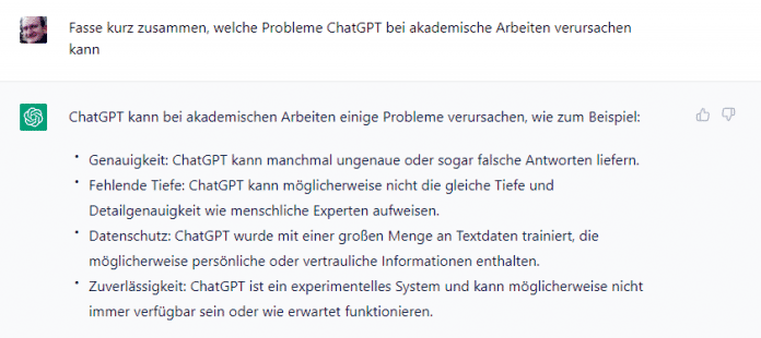 ChatGPT zählt einige Probleme auf, die sein Einsatz bei akademischen Arbeiten verursachen kann., 