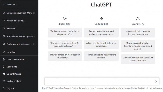 ChatGPT weist auf seiner Startseite auf einige seiner Limitierungen hin, darunter sein eingeschränktes Wissen über die Welt und Ereignisse nach 2021., 