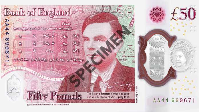 Muster der Rückseite des 50-Pfund-Scheins (2021) mit Porträt Alan Turings