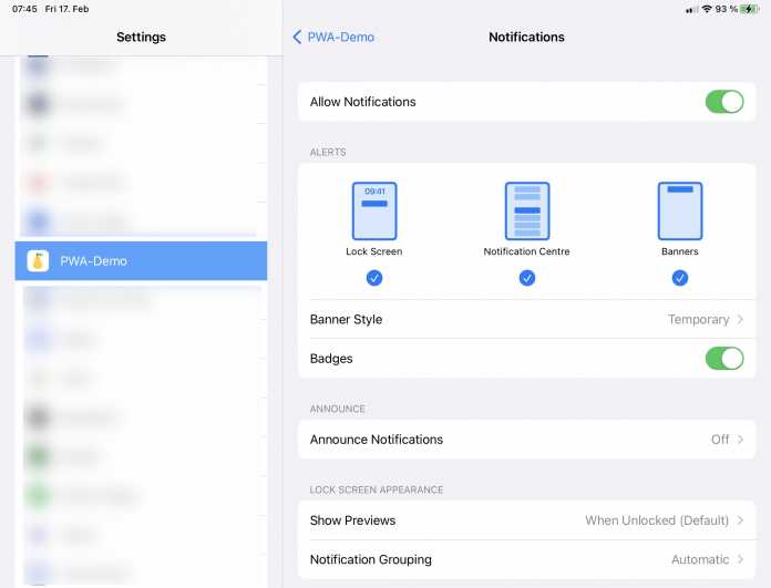 Screenshot der iPad-Einstellungen, in denen sich die Webanwendung integriert hat. Dort lassen sich die Einstellungen für Benachrichtigungen anpassen.