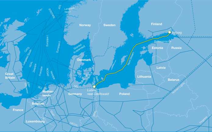 Verlauf der Ostsee-Gaspipeline Nord Stream