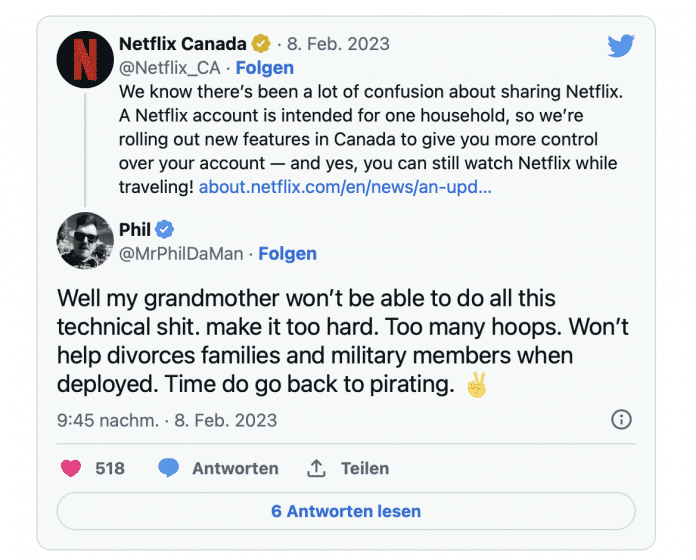Netflix-Kunden reagierten auf die Account-Sperren in den betroffenen Ländern verärgert – und brachten auch schon mal illegale Kopien als Alternative ins Spiel., Twitter-Screenshot