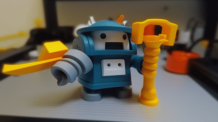 Comic Roboter hält ein Werkzeug
