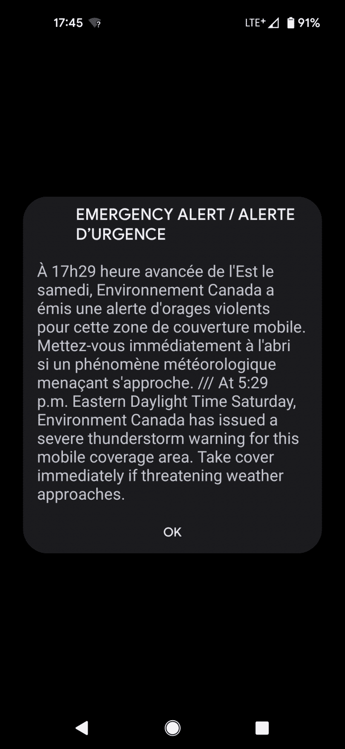EMERGENCY ALERT / ALERTE D'URGENCE  À 17h29 heure avancée de l'Est le samedi, Environnement Canada a émis une alerte d'orages violents pour cette zone de couverture mobile. Mettez-vous immédiatement à l'abri si un phénomène météorologique menaçant ...