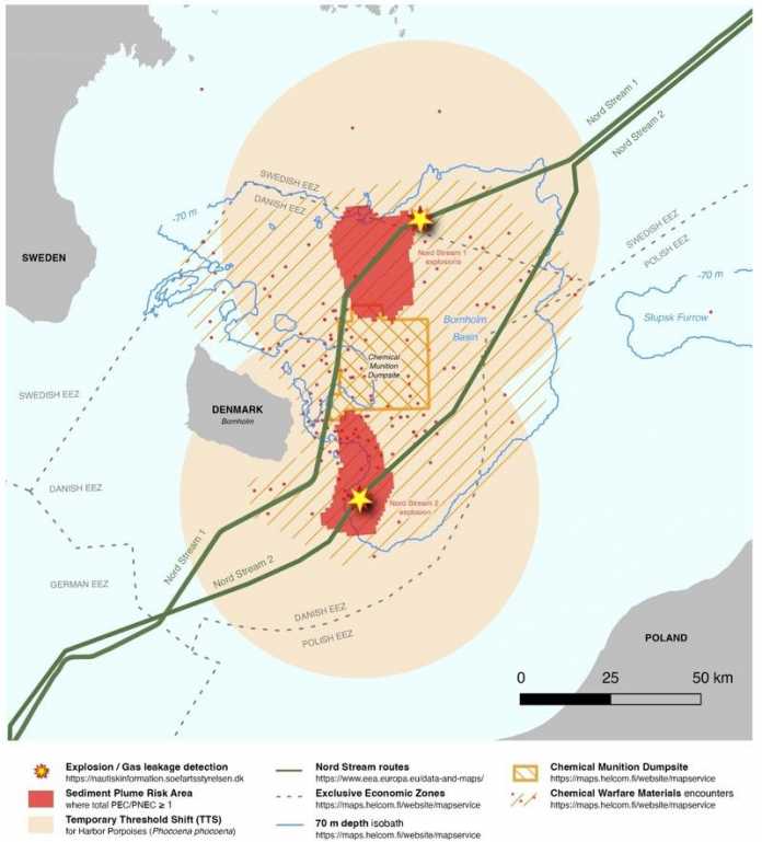 Die Karte zeigt die Explosionsorte nahe der dänischen Insel Bornholm, den Standort der chemischen Kampfstoffe und wie weit kontaminierte Sedimente aufgewirbelt wurden.