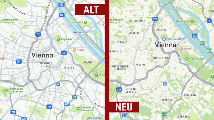 Die alte und die neue Apple-Karte für Wien im Vergleich