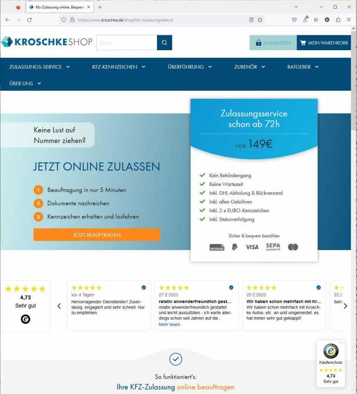 Der 149 Euro teure Zulassungsservice der Firma Kroschke heimst viele gute Bewertungen ein. Dabei kostet die Onlinezulassung über i-Kfz bloß 27,90 Euro., 