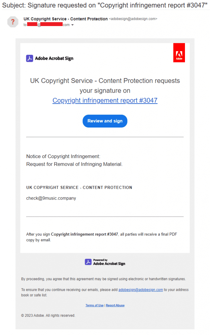 Screenshot Mail of Adobe Sign Malware scam