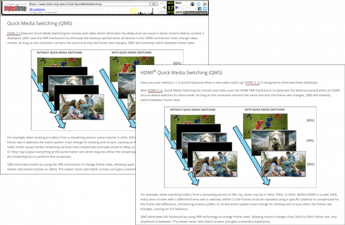 Chiunque visiti oggi il sito Web HDMI ufficiale troverà una spiegazione che QMS è una caratteristica della specifica 2.1a (a destra).  Tuttavia, uno sguardo all'Internet Archive del 2019 (a sinistra) mostra che la funzionalità era già definita nella versione 2.1. 