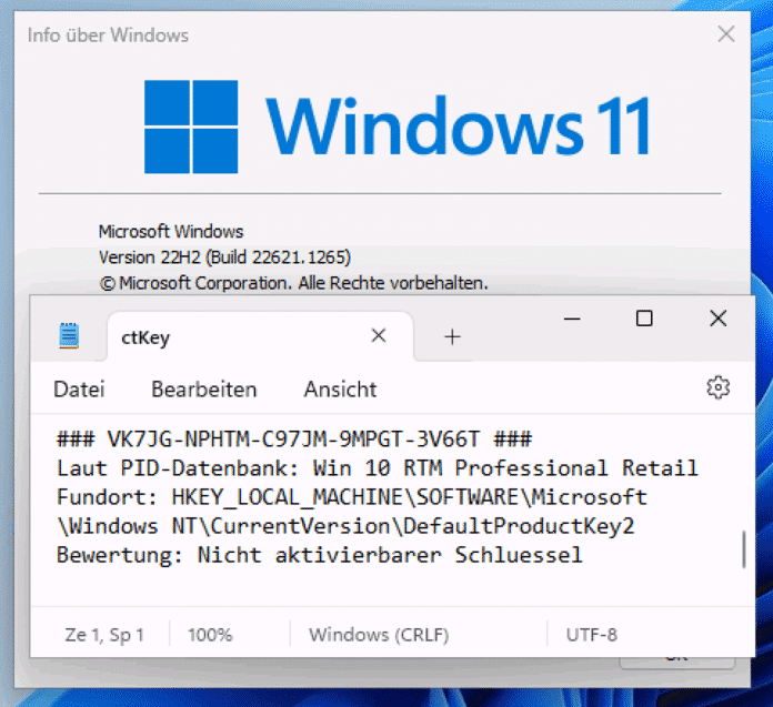 Der hier vom KeyFinder ausgelesene Schlüssel gehört zwar zu Windows 10, doch genauso auch zu Windows 11: Beide Versionen verwenden dieselben Schlüssel., 