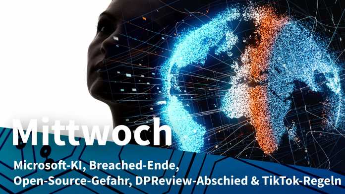 Künstlicher Frauenkopf neben Weltkugel; Mittwoch: Microsoft-KI, Breached-Ende, Open-Source-Gefahr, DPReview-Abschied & TikTok-Regeln
