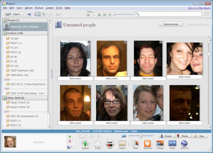 Picasa 3.5 erkennt Gesichter, braucht beim Zuordnen aber Hilfe vom Nutzer.