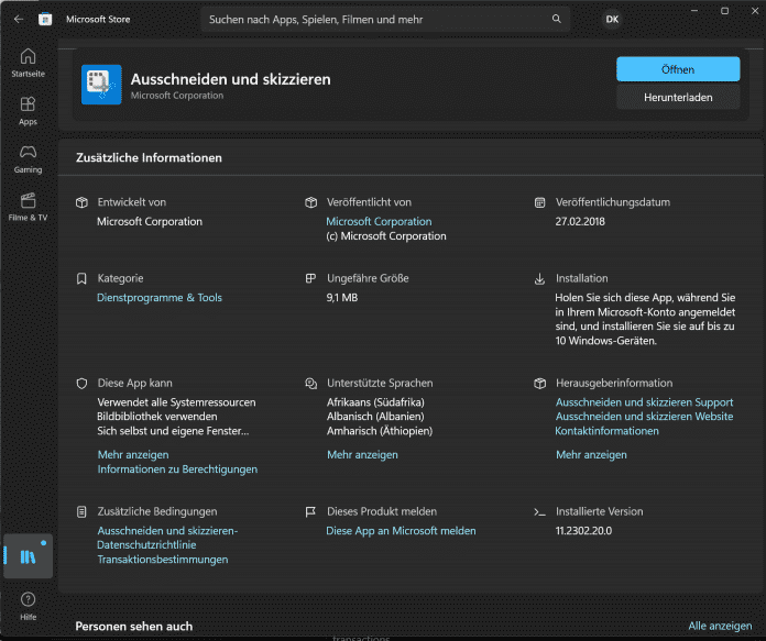 Screenshot Microsoft Store Version des Snipping-Tools