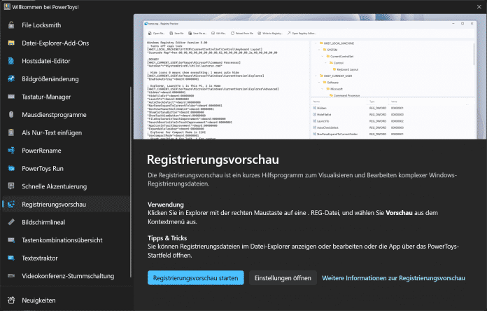 Screenshot Powertoys Registrierungsvorschau