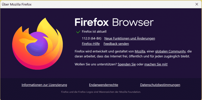 Screenshot della finestra di dialogo della versione di Firefox