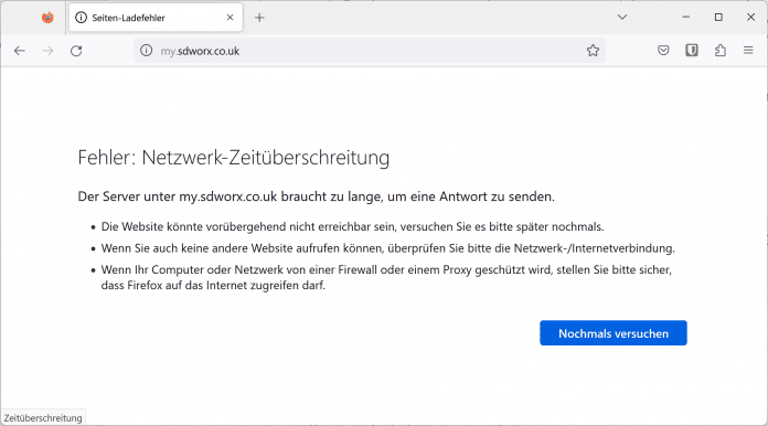 Screenshot Firefox SDWorx-Seite nicht erreichbar