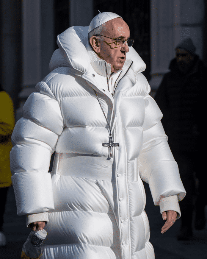 The Pope in a snow-white down coat: The AI ​​portrait created with Midjourney made headlines.  It looks amazingly realistic.  Only the hands and the glasses reveal that this is an AI-generated image., Midjourney