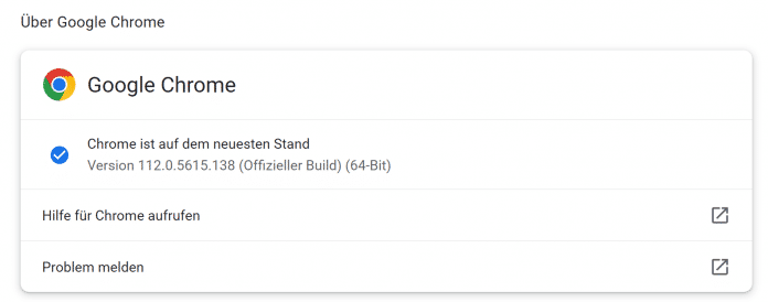 Screenshot vom Google Chrome-Versionsdialog