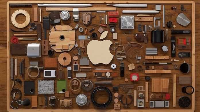 Apple-Logo neben verschiedenen Einzelteilen