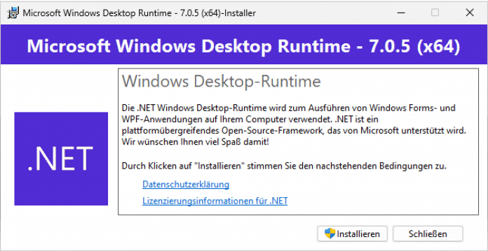 Die Desktop-Runtime für moderne .NET-Programme muss man von Hand herunterladen, die Installation ist aber mit einem Klick erledigt., 
