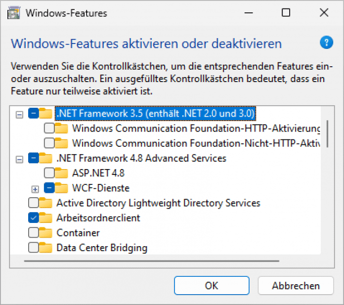 Das traditionelle .NET Framework ist in Windows enthalten, die Versionen 2.0 und 3.x für ganz alte Programme muss man aber bei Bedarf erst von Hand aktivieren., 