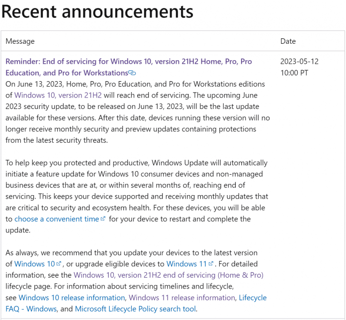 Screenshot der Microsoft-Ankündigung zum Support-Ende