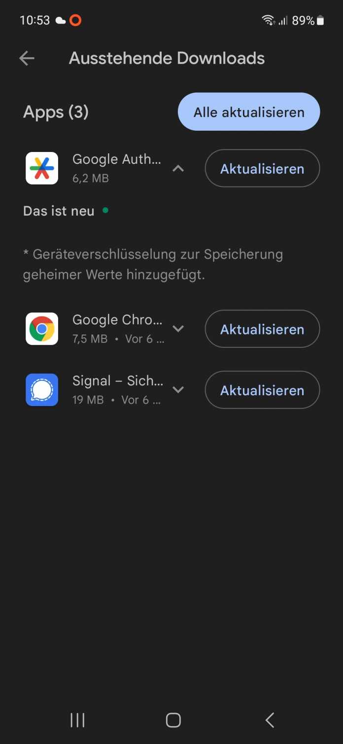 Screenshot der Google-Play-Store-Update-Meldung