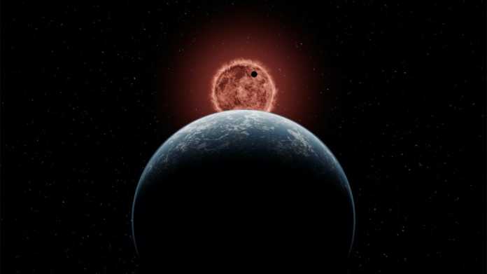 Visualisierung eines Sterns, im Vordergrund zwei Planeten
