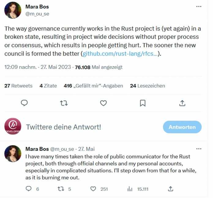 Tweet der Rustentwicklerin Mara Bos, die im Rust-Projekt die Bibliotheksentwicklung leitet