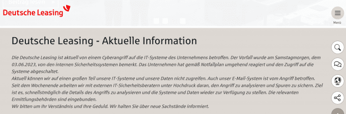 Screenshot Cyber-Angriff-Warnung auf Webseite der Deutsche Leasing