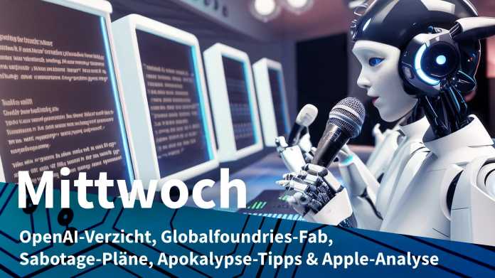 Roboter mit Headset und Mikrofon vor einem Mischpult und Monitoren; Mittwoch: OpenAI-Verzicht, Globalfoundries-Fab, Sabotage-Pläne, Apokalypse-Tipps & Apple-Analyse