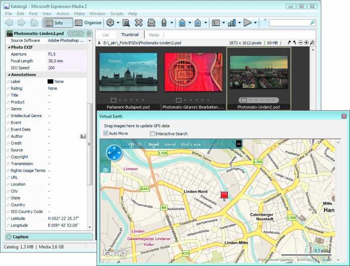 Die Bildverwaltung Microsoft Expression Media zeigt Geotags etwas spröde als Pin in einer Bing-Maps-Straßenkarte.