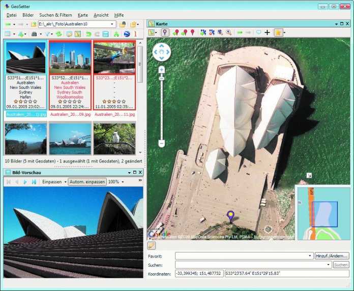 Die Freeware GeoSetter taggt Fotos per Zahleneingabe, durch Setzen eines Pins auf der Karte oder nach Import aus dem GPS-Logger.