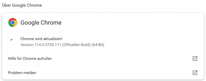 Screenshot vom Google Chrome Versionsdialog