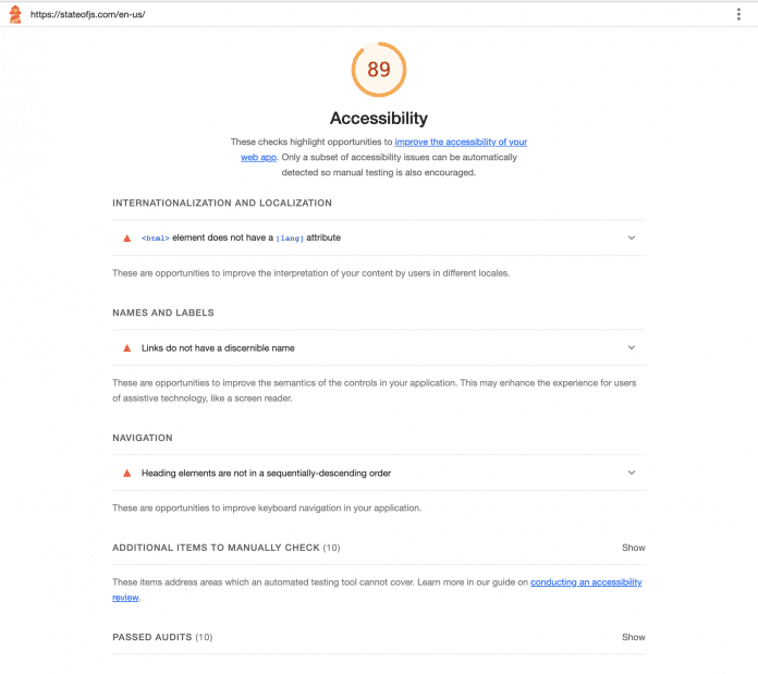 Lighthouse displays accessibility audit results with a score of 89 for the website &quot;State of JavaScript,&quot; highlighting the issues: missing lang attribute, lack of discernible link names, and non-sequential use of heading elements (Figure 1).