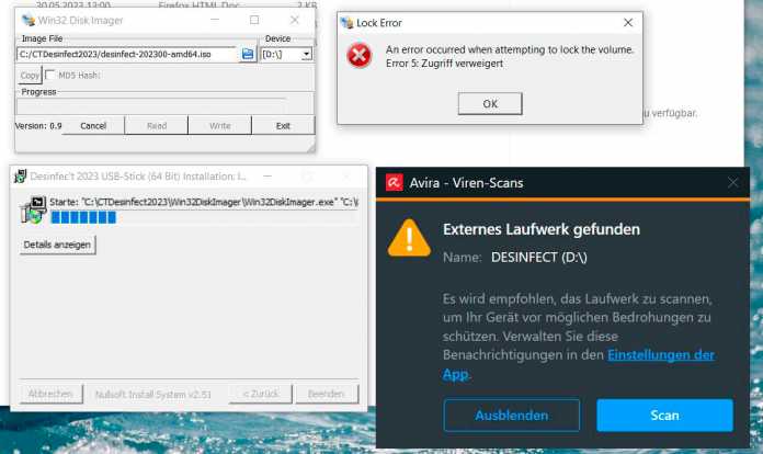 Wenn die Desinfec’t-Stick-Installation unter Windows nicht gelingt und der Zugriff verweigert wird, funkt in der Regel der Echtzeitschutz von Virenscannern dazwischen. Deaktivieren Sie den Scanner einfach für die Dauer der Installation. , 