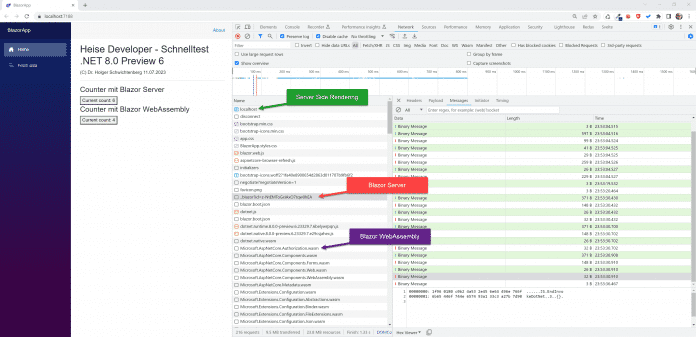 Der Browser baut für Blazor Server eine Websocket-Verbindung auf und lädt danach die WebAssembly-Dateien für Blazor WebAssembly (Abb. 2).